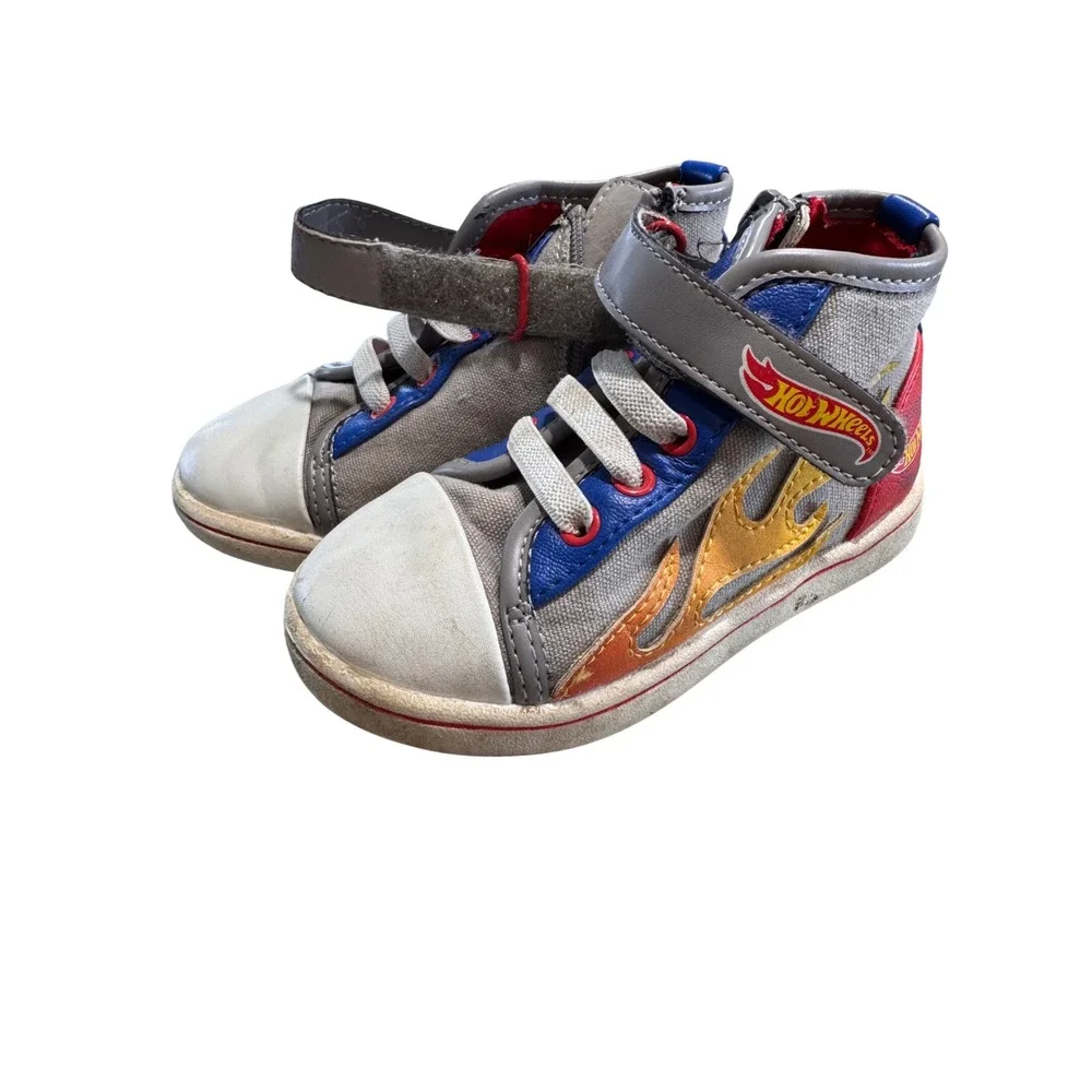Hot Wheels High Top Sneakers Toddler Size 6 Flames‎ Hook Loop Zip Gray Red Blue